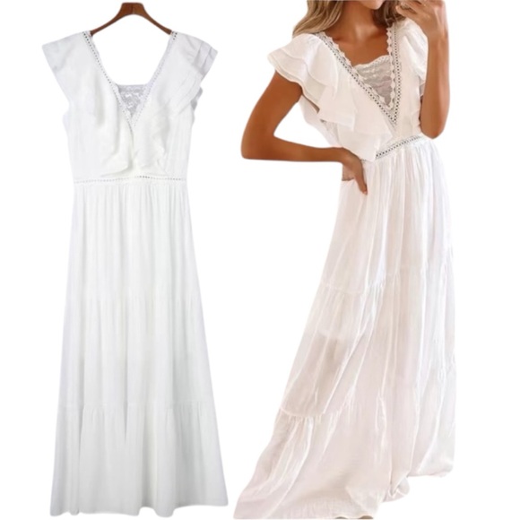 No Brand Dresses & Skirts - ✨NEW✨ Boho White Ruffled Maxi Lace Feminine Maxi Dress - Women’s Juniors Large